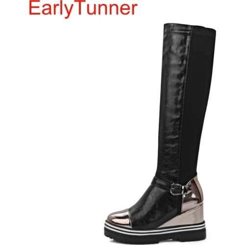 New Winter Quality Women Knee High Wedges Boots Fashion Black Gunmetal Red Lady Light Motorcycle Shoes EYN01 Plus Big size 10 43