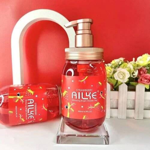 Whole Sale AILKE Strawberry+Rose+Papaya+sakura Fruit Lightening Body Wash Private label Skin Whitening Bath Shower Gel 500ml