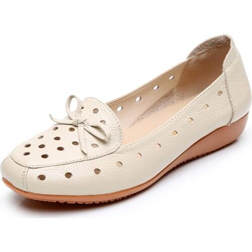 OUKAHUI Size 34-43 Spring Genuine Leather Slip-On Summer Shoes Loafers Women Ballet-Flats With Bowknot Hollow Ladies Casual Shoe