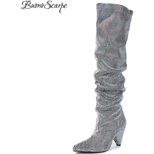BuonoScarpe Sexy Chunky Heel Boots Luxury Crystal Women Pointy Toe Boots Rhinestone High Heel Over The Knee Wedding Boots Mujer