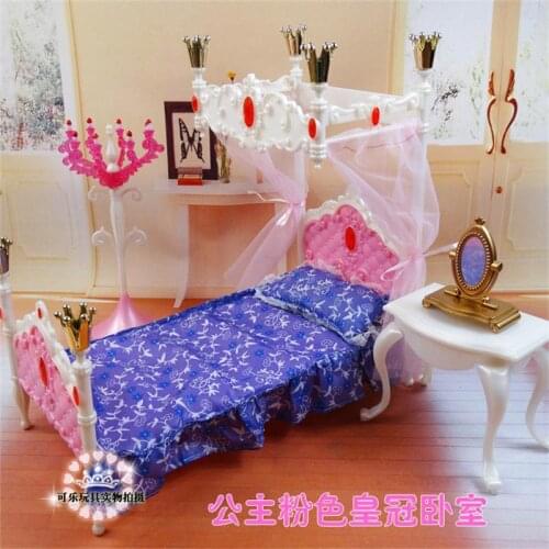 For Barbie Doll Furniture Accessories Plastic Toy Pink Crown Princess Bed Dressing Table Mirror Play House Holiday Gift Girl DIY