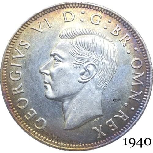 United Kingdom 1940 KG 1/2 Half Crown King George VI Left Sixth Great Britain HP Silver Plated Copy Coin Reeded Edge