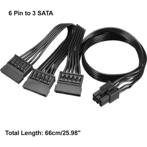 Uxcell 1Pcs 6 Pin to 3 SATA Power Supply Receptacle ATA Y Splitter Adapter Cable Hard Drive 66cm Long Black for Computer