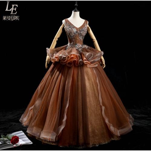 Luxury rococo coffee beading embroidery royal queen long dress medieval Renaissance Victoria ball gown