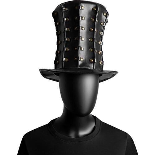 Aboutcos Punk Style Hat Adult Black Riveted PU Leather Halloween Cosplay Steampunk Flat Hat Gothic Costume Accessories High Hats
