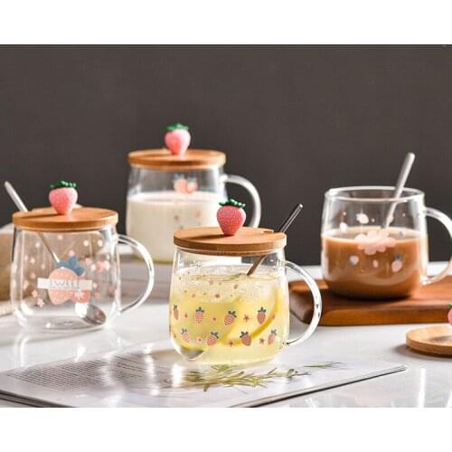 Strawberry Ins Glass Spoon with Lid Household Heat-resistant Cartoon Lovely Transparent Breakfast Coffee Milk Mug Canecas