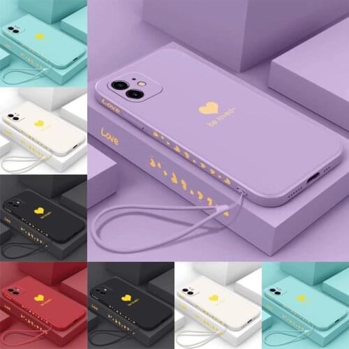Ultra-thin Cute Heart-shaped Square Liquid Silicone Phone Case For iPhone 12 11 Pro XS Max XR X 8 7 6 Plus Luxury Lanyard Cover