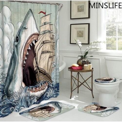 A Ferocious Sea Shark Sailboat Waterproof Shower Curtain Bathroom Decor Set Non-slip Flannel Toilet Lid Cover Rugs Bath Mat Sets