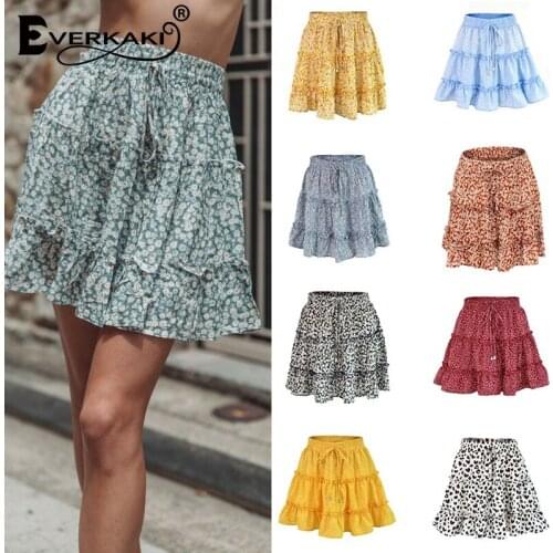 Everkaki Folk Floral Print Ruffles Mini Skirt Women Summer Beach Elastic Waist Oversize Boho A-Line Casual Skirts Female 2021