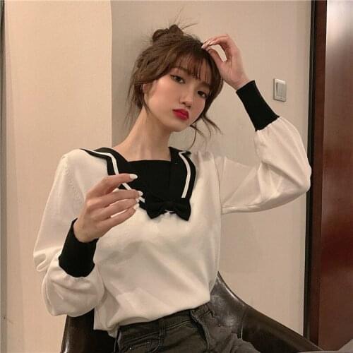Woman Sweaters Pullover Sailor Collar Knitwear Autumn Winter Outer Wear Pullover Sweater Short Top Femme Chandails