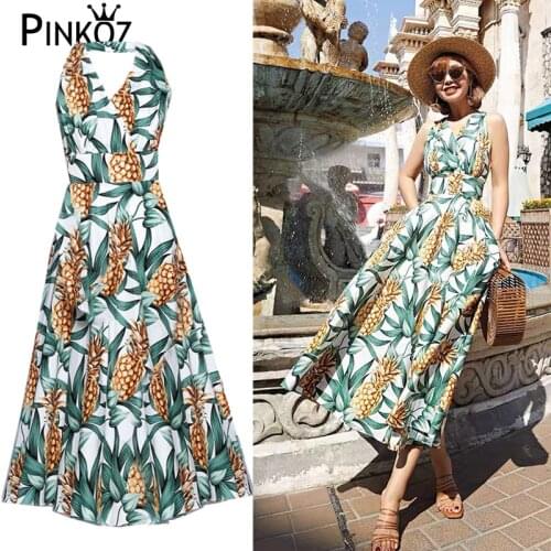 Pinkoz Female Sundress Women Summer Dress 2021 Sexy Backless Pineapple printed Vintage Vestidos Floral Boho Plus Size Dresses