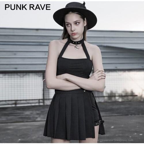 PUNK RAVE Womens Punk Pendant Decorated Vest Personality Nail Design Elasticity Knit Hhollow Hang Neck Sexy Vest Woman Clothes