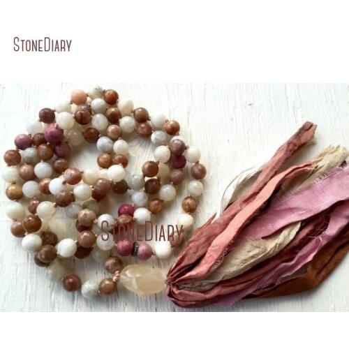 10mm Faceted Moonstone Sunstone Rhodonite 108 Mala Beads Necklace Crown Chakra Silk Sari Tassel Necklace NM11083