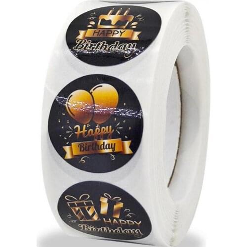 500pcs Black Happy Birthday Stickers Roll Waterproof 6 Designs for Teachers, Classroom, Offices, Birthday Celebration Stickers