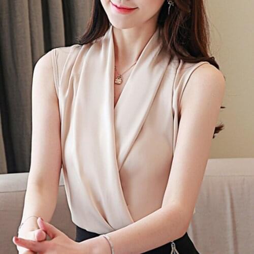 Blouse Women 2021 Women Blouses Summer Sleevelss Women Tops Shirts V-neck Chiffon Blouse Shirt Clothes Blusas Camisas Mujer D338