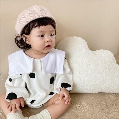 Newborn Baby Girl Long Sleeve Sailor Collar Bodysuits Polka Dot Girls Cotton Clothes Infant Kids Jumpsuit Baby Onesie 2021Autumn