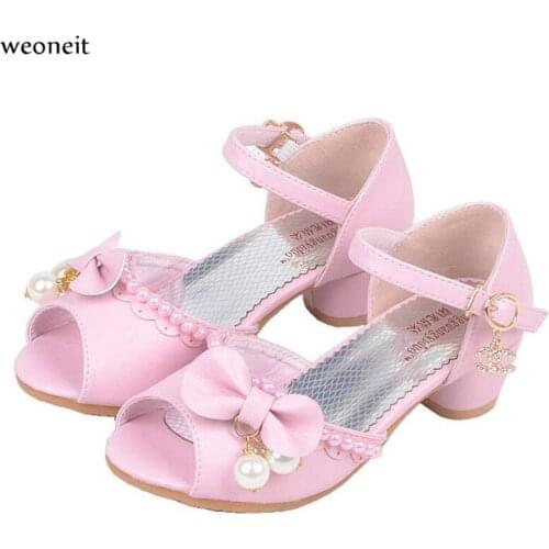 Weoneit Girls Sandals Pearls Bowtie Pink White Dance Shoes Children Summer High Heel Princess Shoes Kids CN 26-37