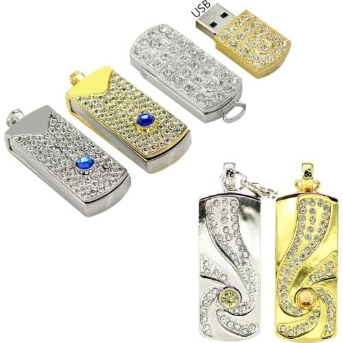 Gold Silver Usb Flash Drive Blue Diamond Metal Pendrive 4GB 8GB 16GB 32GB 64GB 128GB Rotate U Stick Memory Stick Pen Drive Gift