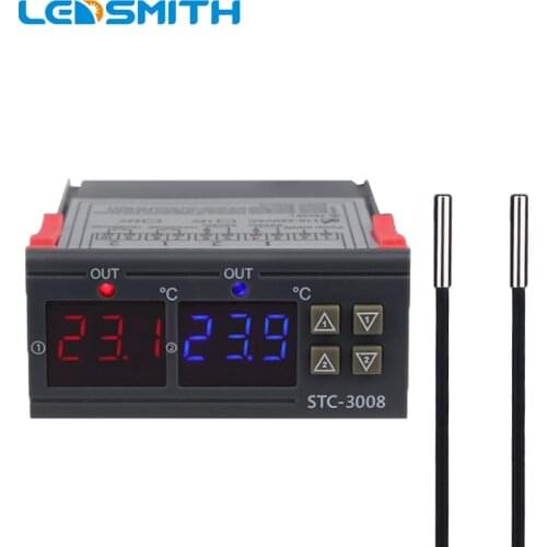 Dual Digital Temperature Controller Two Relay Output Thermostat Thermoregulator 10A Heating Cooling STC-3008 12V 24V 220V