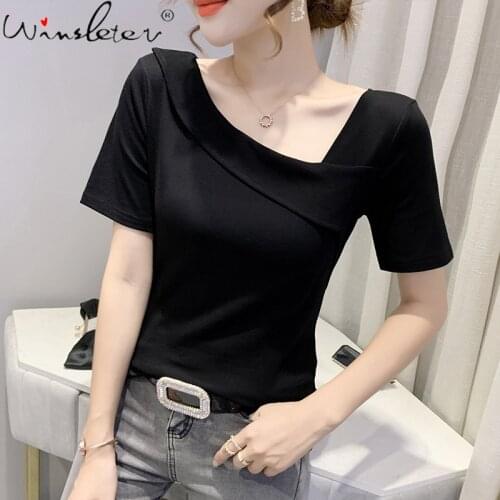 Summer European Clothes Cotton T-Shirt Solid Sexy Skew Collar Asymmerrical Women Tops Short Sleeve Bottoming Shirt Tees T16211A