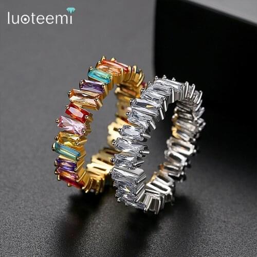 LUOTEEMI Square CZ Colorful Rainbow Trapezoid Stone Wedding Engagement Eternity Rings for Women Bijoux Anillos Christmas Gifts