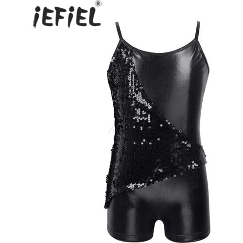 Kids Girls Ballroom Dance Competition Costumes Spaghetti Straps Sequins V-shaped Back Ballet Dance Gymnastics Shorty Unitard