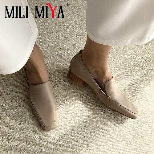 MILI-MIYA Fashion Square Toe Design Women Full Genuine Leather Pumps Thick Heels Casual Slip On Spring Autumn Shoes Size 34-40