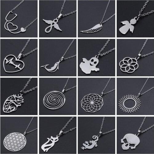 2021 New Stainless Steel Feather Filigree Flower Animal Cat Love Heart Pendant Necklace Chain Choker For Women Men Jewelry Gifts