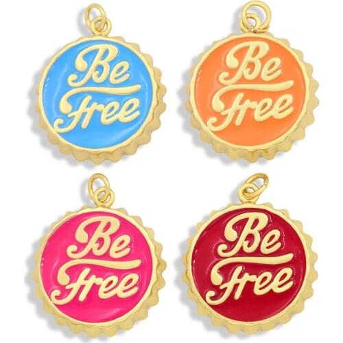 OCESRIO the Phrase Letters Be Free Pendants 18k Gold Platd Enamel Coin Medallion Pendants Copper charm Pdta388