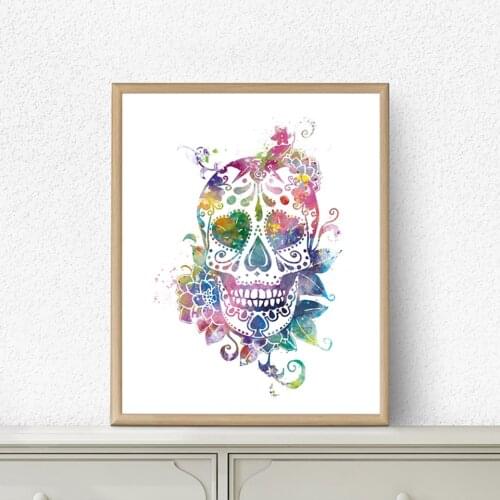 High Definition Sugar Skull Art Print Day of the Dead Poster Watercolor Floral Goth Macabre Tattoo Wall Gift Canvas Painting Ho