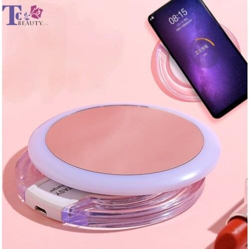 Portable LED Vanity Mirror with Lights Dimmable Brightness Compact Mirror USB Wireless Charging Circular Small Mirror