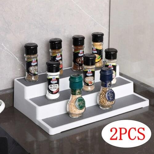 Spice Racks 3-Tier Seasoning Shelf, Non-Slip Cupboard Organizer for Pantry Kitchen Cabinet Storage 2 Packs Jars Cans Storage Box