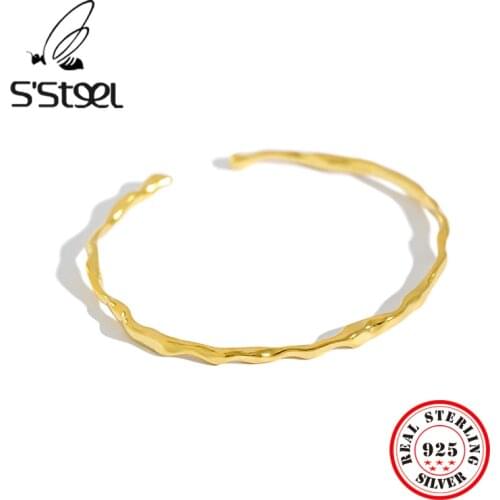 SSTEEL 925 Sterling Silver Bangles For Women Concise Irregular Gold Open Cuff Bracelet Bangle Argent 925 Femme Fine Jewelry