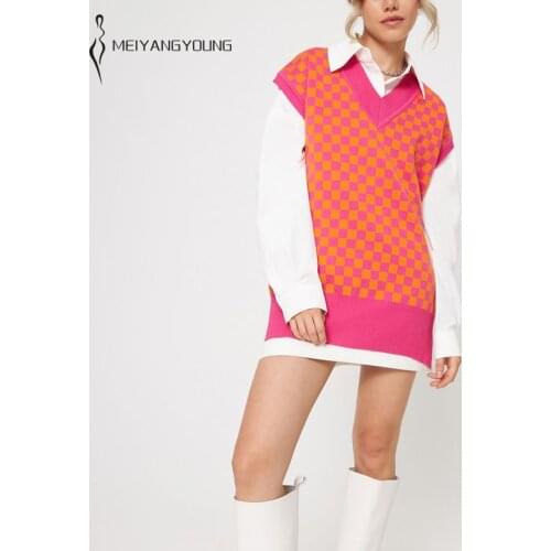 MEIYANGYOUNG Checkerboard Plaid vintage Sweater Vest Women Oversize Knitted Top Autumn Winter V Neck Sleeveless Pullover Female