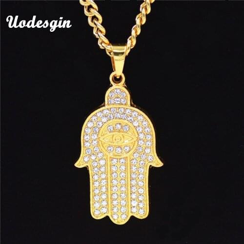 Uodesign Trendy Bling Crystal HIP Hop Crystal Fatima Palm Necklaces Gold Color Hamsa Hand Necklace Pendent Jewelry