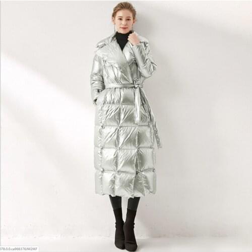 Female silver color Down Jacket long Women Waist White Duck Down Coat female Thick Winter Puffer Jackets Feather Parkas coats