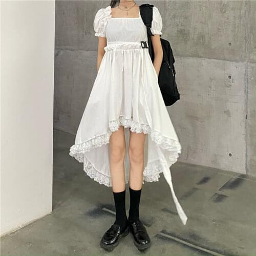 Medieval Retro Women Puff Sleeve Irregular Dress Summer Black White Lace Hem A Line Dress Vintage Square Collar Waisted Dress
