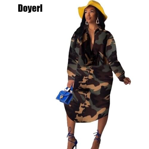 Autumn Long Shirt Dress Women Long Sleeve Camouflage Print Knee Length Casual Dresses Streetwear Button Oversize T Shirt Dress