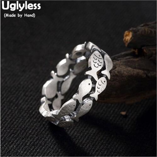Uglyless 100% Real Solid 990 Pure Silver Fishes Finger Ring for Women 2 layers Fish Rings Lovely Thai Silver Animal Fine Jewelry