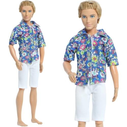 1 Set Summer Men Outfit Hawaiian Style Floral Print T-shirt White Short Pants Clothes Accessories for Barbie Doll Ken Toy