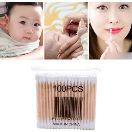 100Pcs/Pack Wooden Cotton Swabs Double-Tipped Multipurpose Safety Nose Ear Cleaning Buds Stick Dust-Free Sterile Makeup Tool