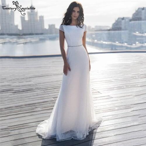 Shiny Wedding Dresses Mermaid Bridal Dress with Short Sleeve Backless Beaded Belt Glitter Beach Bride Gowns Vestido De Noiva