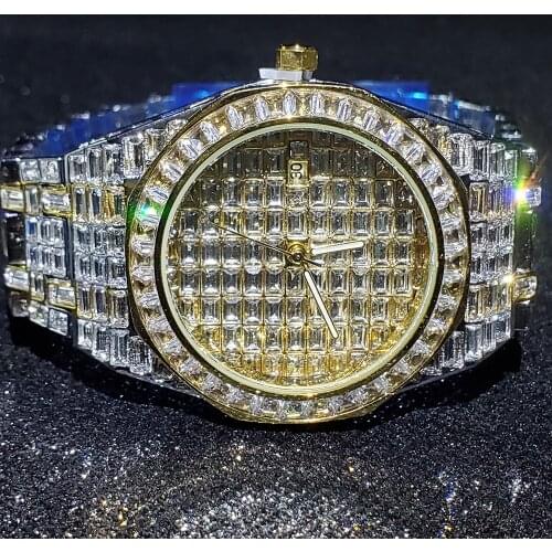 Hip Hop MISSFOX Audemars Iced Out Watch Men Gold Baguette Diamond Steel Strap Mens Watches Luxury Brand Rado Quartz Wristwatches