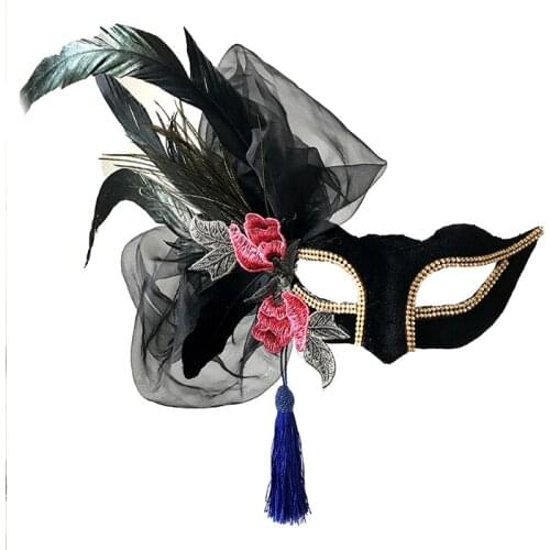 Black Cosplay Lady Masquerade Ball Party Lace Veil Mask with Feather Embroider Flower Tassel Maks Handmade