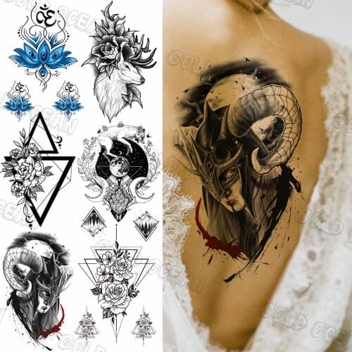 Black Fighting Warrior Knight Temporary Tattoos For Women Adults Lotus Elk Fake Tattoo Sticker Charming Back Body Tatoos