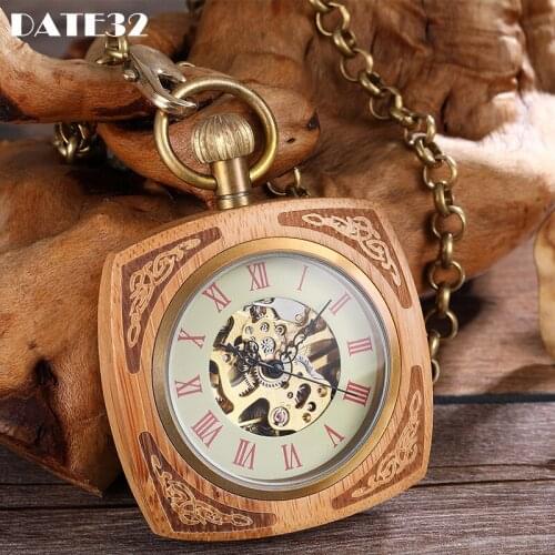Wooden Mechanical Pocket Watch for Men Antique Golden Square Case Gold Back Laser Engraved Fob Chain Clock Reloj Dropshipping