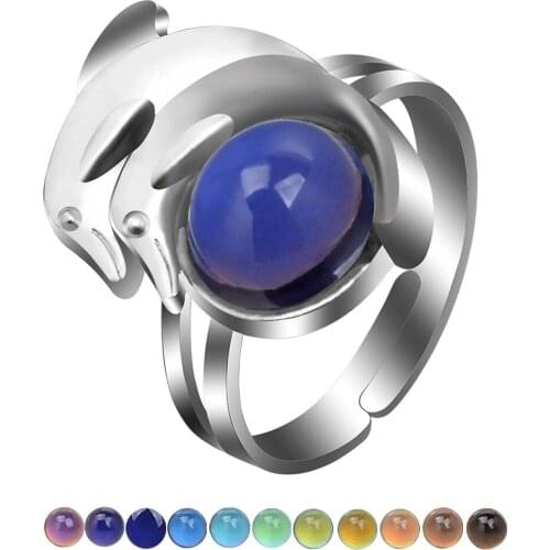 Double Dolphin Jumping Gem Temperature-sensitive Mood Color-changing Ring Adjustable Magic Jewelry Engagement Rings for Women