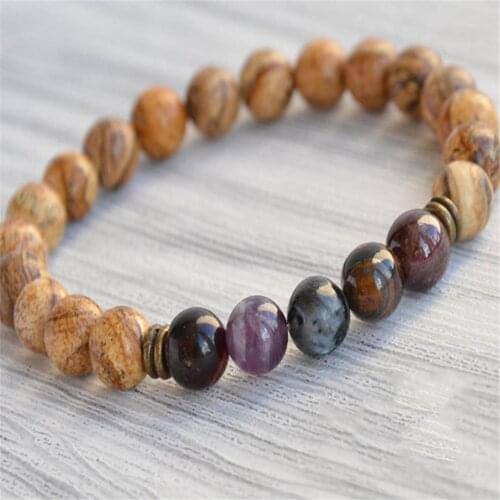8mm Picture Jasper Stone Gemstone Handmade Mala Bracelet Buddhism Chakra Tibetan Religious Classic Yoga Retro Japa Spirituality