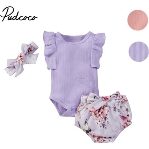 Toddler Baby Flower Printing Three-pieces Set, Infant Girls O-neck Flying Sleeve Ribbed Bodysuit + Briefs + Headband Set