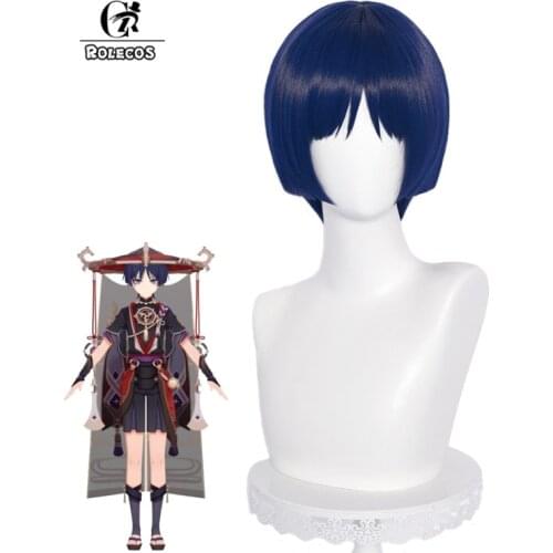 ROLECOS Scaramouche Cosplay Wig Game Genshin Impact Scaramouche Cosplay Wig Men Blue 30cm Headwear Synthetic Hair Heat Resistant
